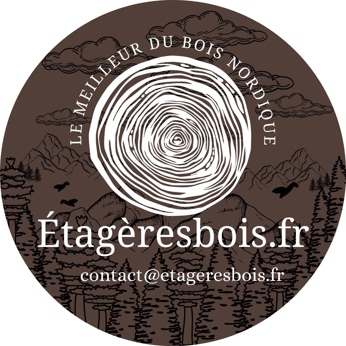 logo etageresbois.fr le logo est rond avec un fond de montagne et de foret le tout avec un fond brun