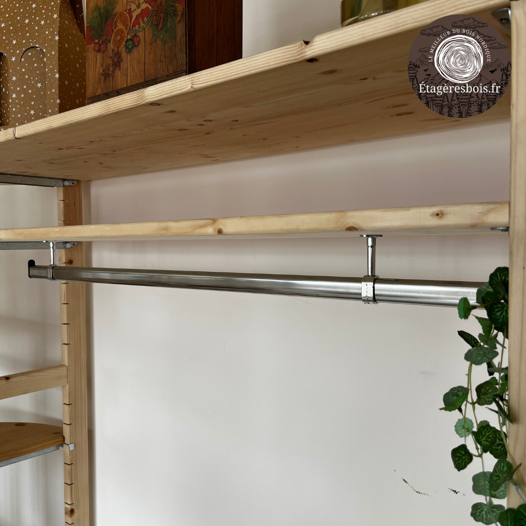 Tringle Penderie Ronde En Bois 90cm Avec Supports - Robuste Pour Placard