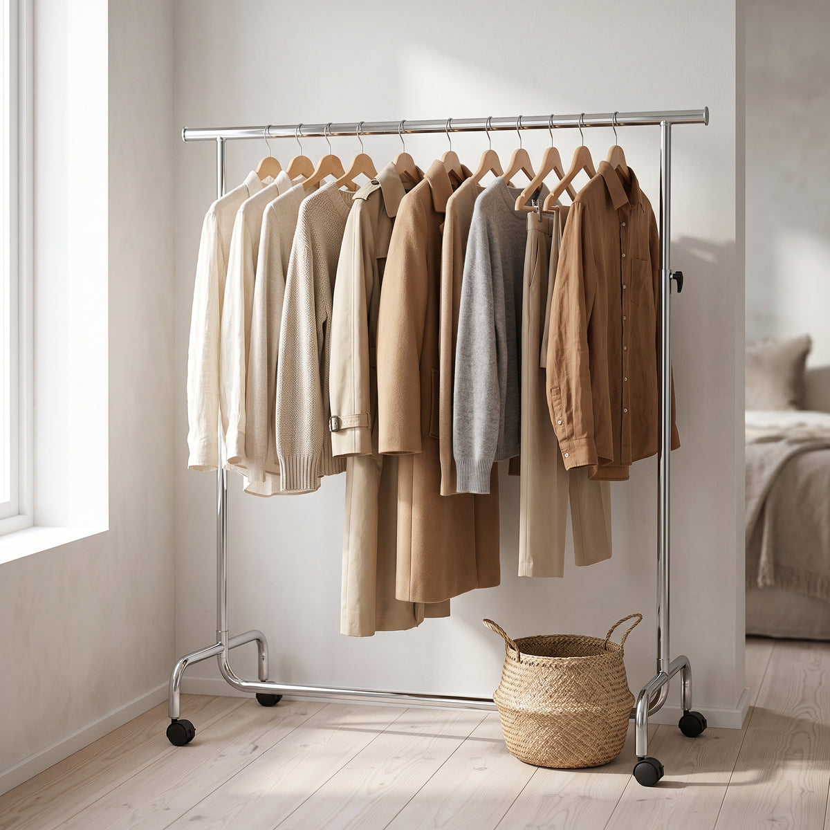Portant à vêtements réglable en acier chromé sur roulettes