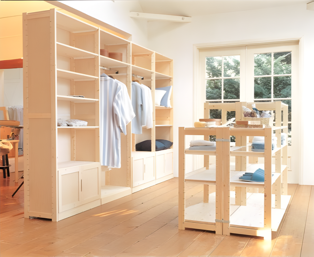 Aménagement de dressing personnalisé avec l'étagère en bois Brumorek modulable en épicéa nordique.